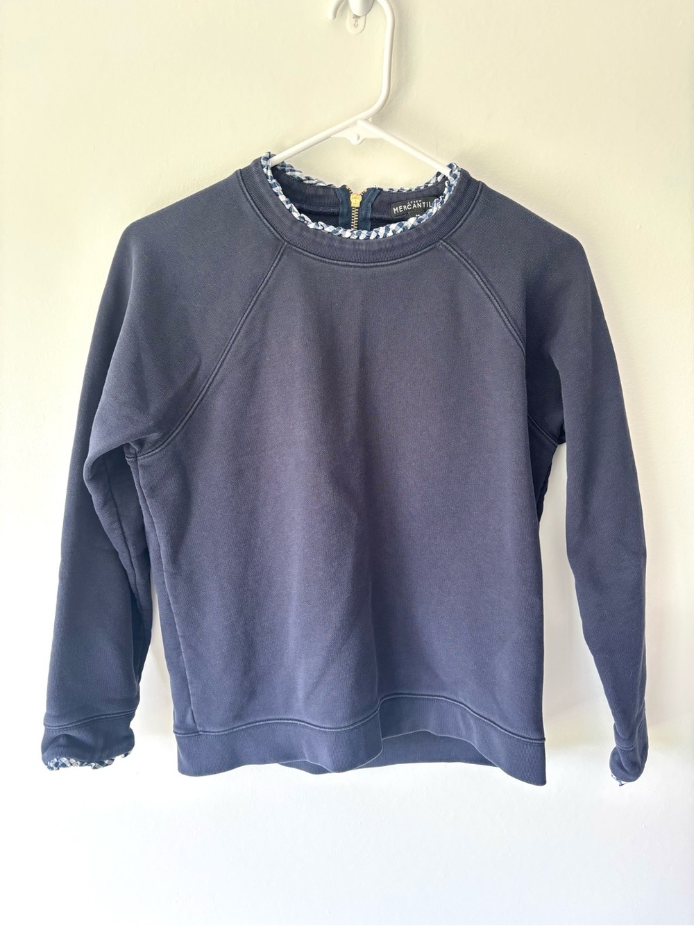 J.Crew Navy Blue Pullover Sweatshirt Gingham Ruffle Trim Zipper Back Preppy